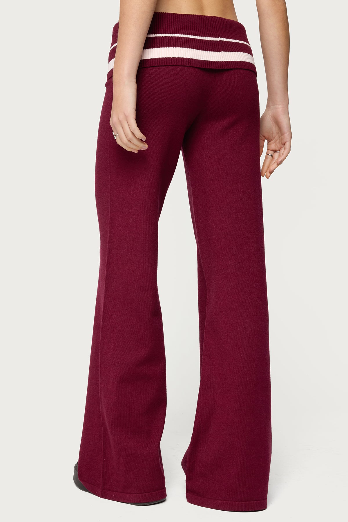 Kaliya Stripey Foldover Knit Pants - BURGUNDY
