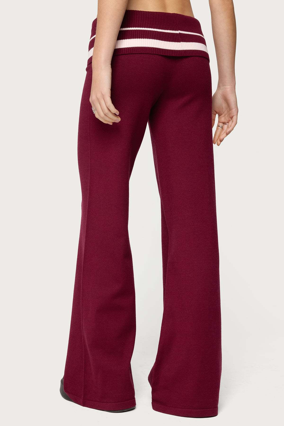 Kaliya Stripey Foldover Knit Pants - BURGUNDY