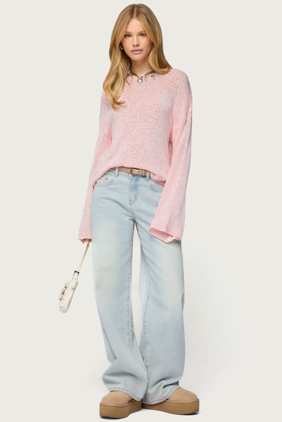 Drop Shoulder Light Knit Sweater - PINK