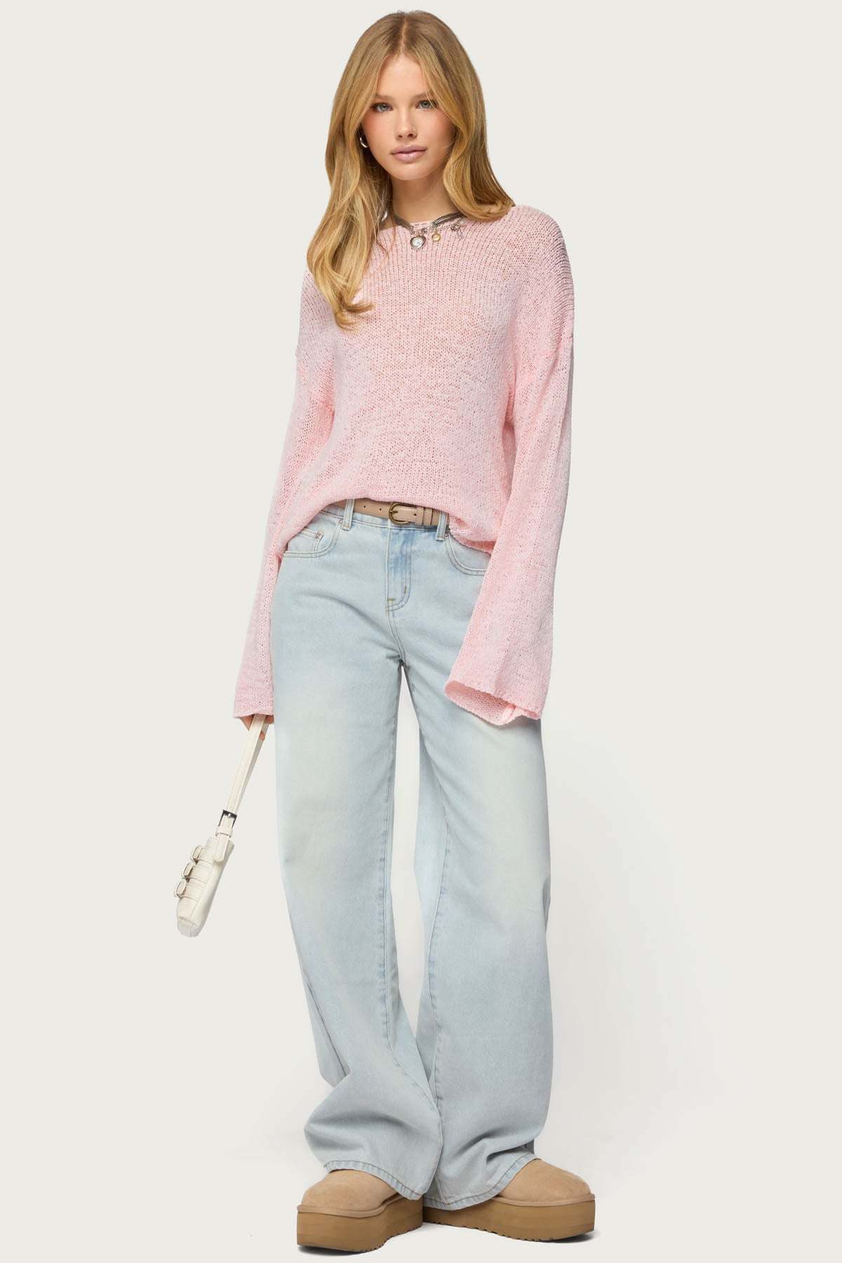 Drop Shoulder Light Knit Sweater - PINK