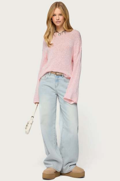 Drop Shoulder Light Knit Sweater - PINK