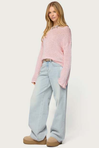 Drop Shoulder Light Knit Sweater - PINK