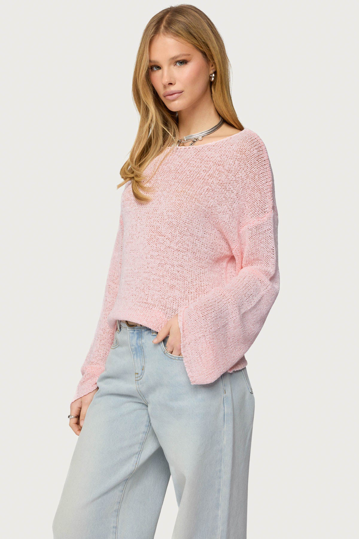 Drop Shoulder Light Knit Sweater - PINK
