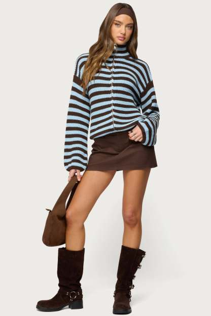 High Neck Striped Zip Up Sweater - BROWN