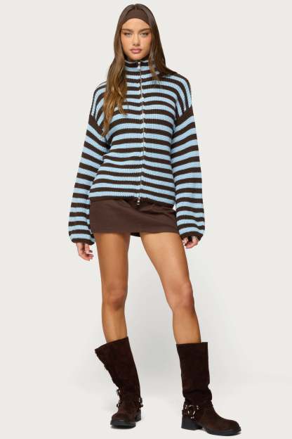 High Neck Striped Zip Up Sweater - BROWN