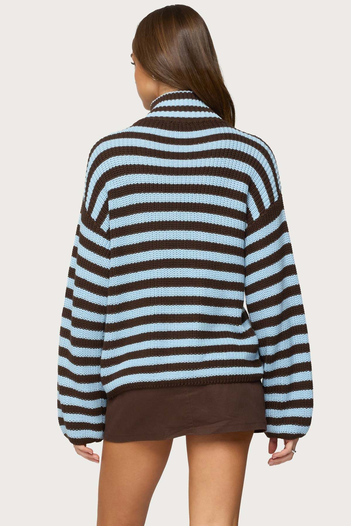 High Neck Striped Zip Up Sweater - BROWN