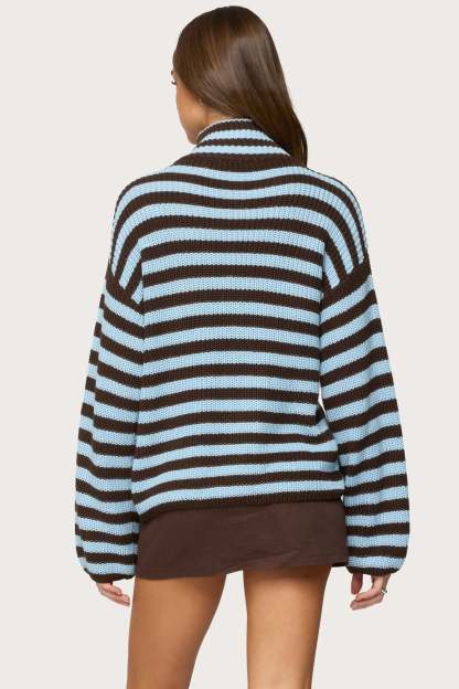 High Neck Striped Zip Up Sweater - BROWN