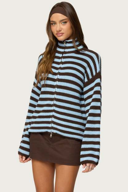 High Neck Striped Zip Up Sweater - BROWN