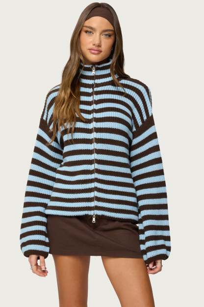 High Neck Striped Zip Up Sweater - BROWN