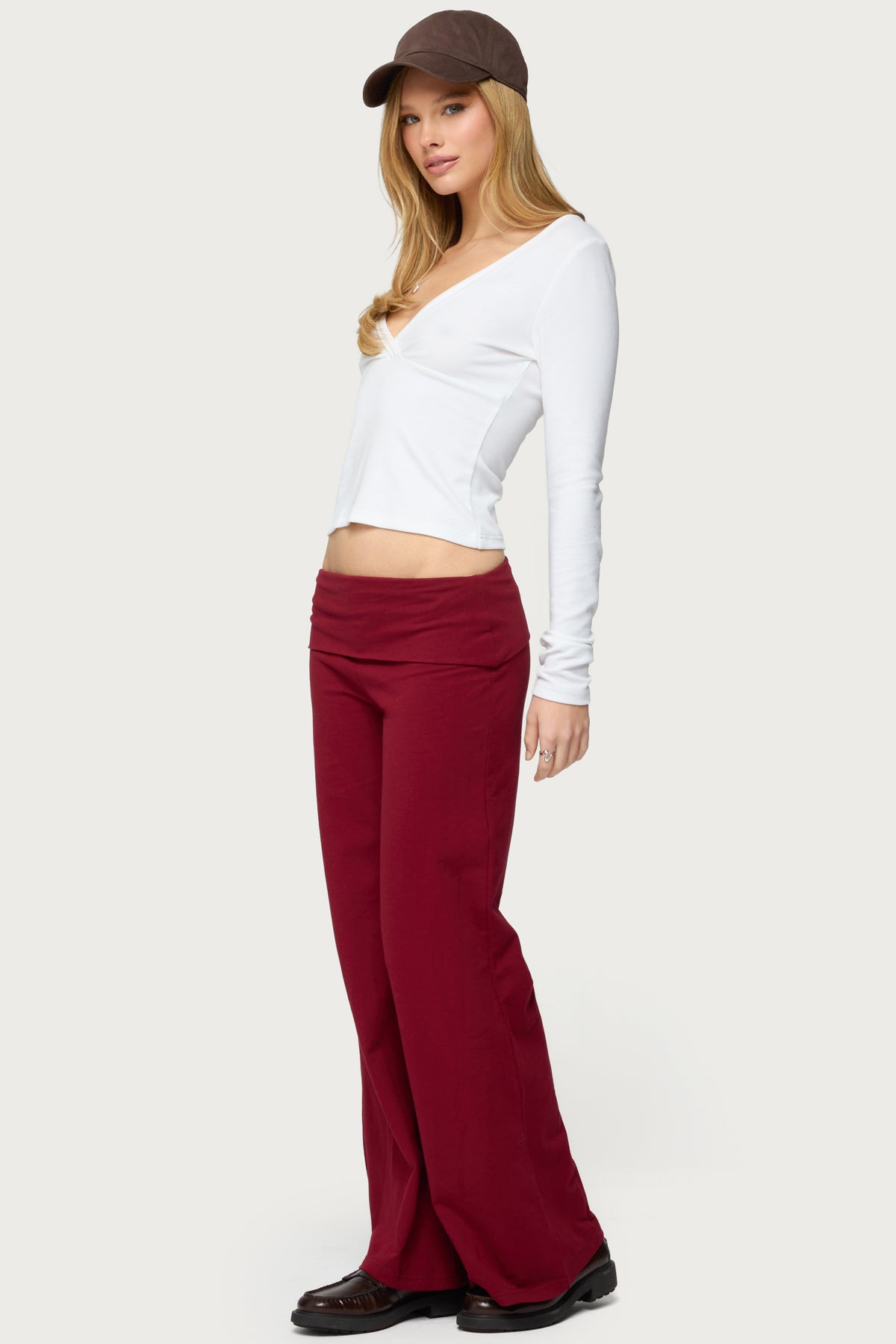 Petite Wide Leg Foldover Pants - BURGUNDY