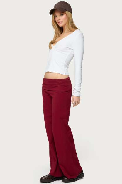 Petite Wide Leg Foldover Pants - BURGUNDY