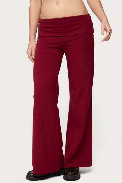 Petite Wide Leg Foldover Pants - BURGUNDY
