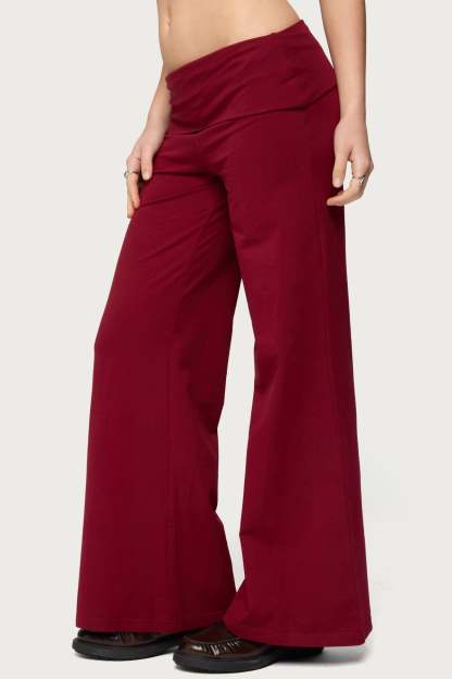 Petite Wide Leg Foldover Pants - BURGUNDY