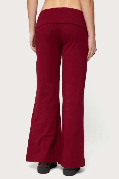 Petite Wide Leg Foldover Pants - BURGUNDY