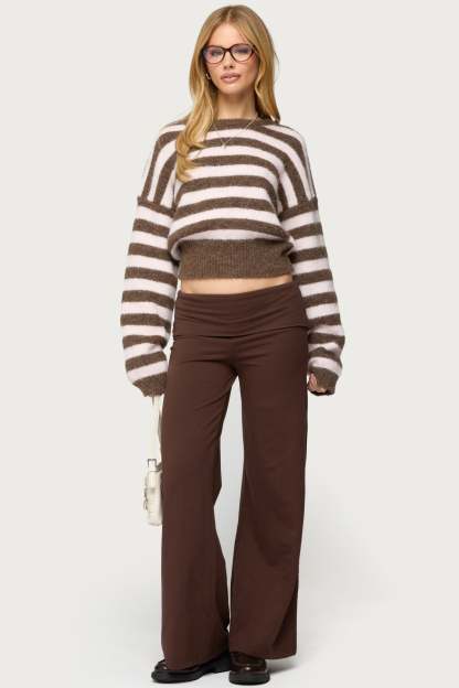 Petite Wide Leg Foldover Pants - BROWN