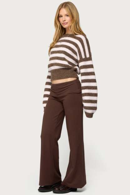 Petite Wide Leg Foldover Pants - BROWN