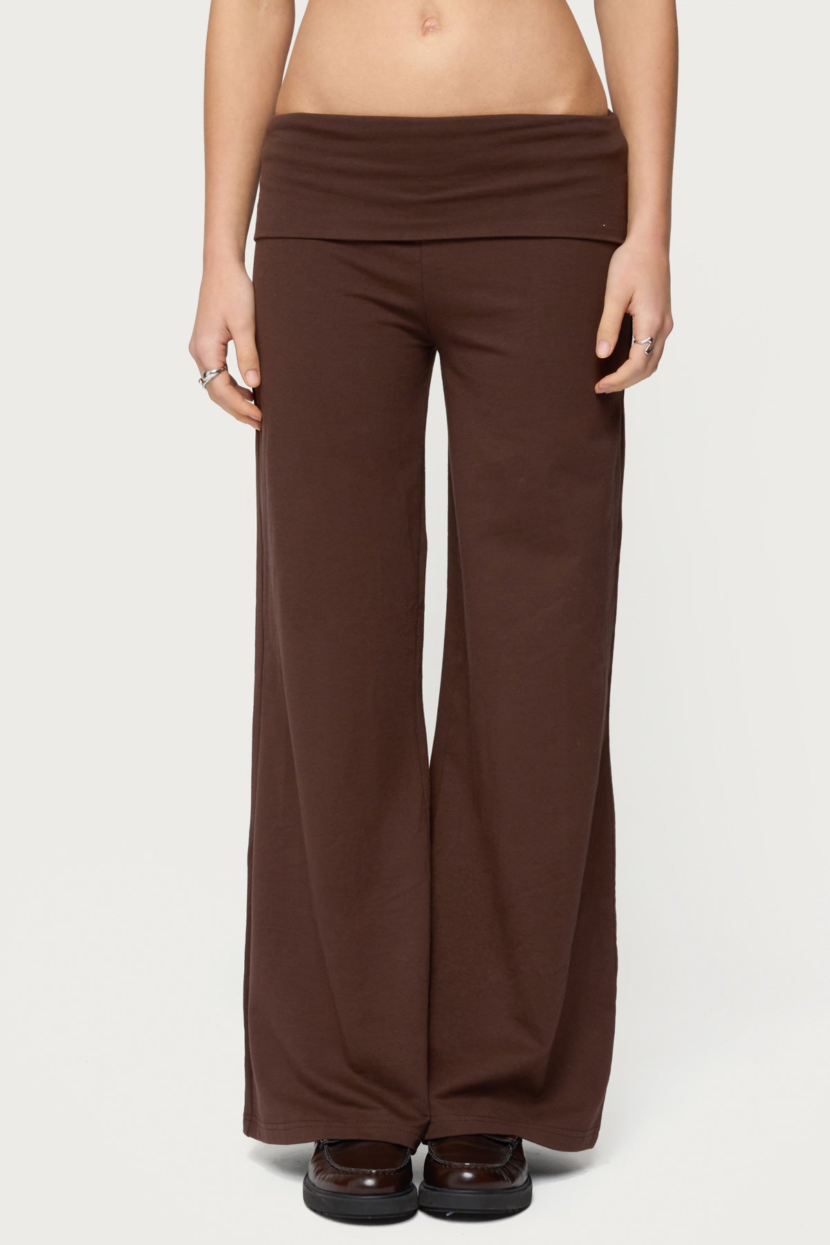 Petite Wide Leg Foldover Pants - BROWN