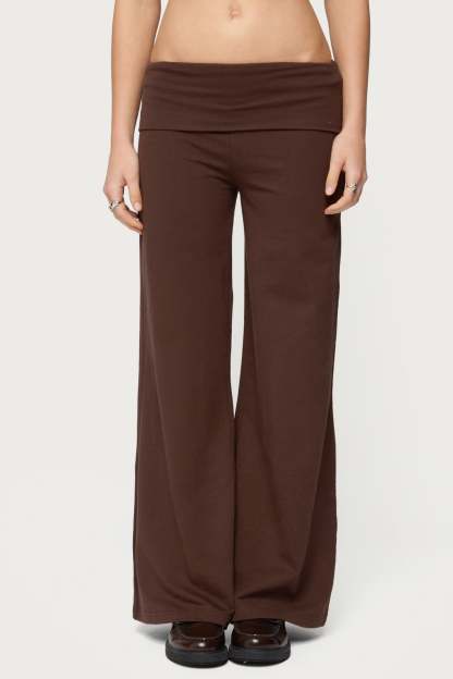 Petite Wide Leg Foldover Pants - BROWN