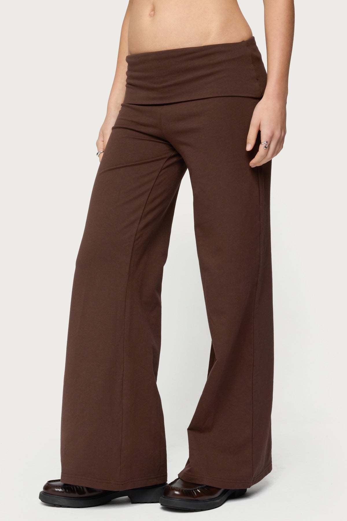 Petite Wide Leg Foldover Pants - BROWN