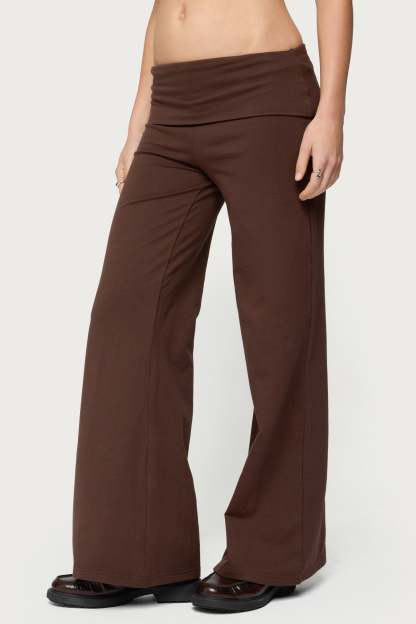 Petite Wide Leg Foldover Pants - BROWN
