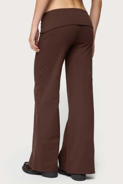Petite Wide Leg Foldover Pants - BROWN