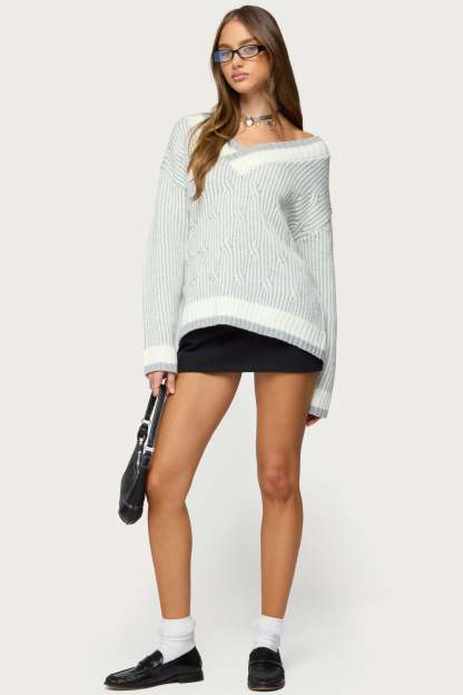 Lila V Neck Cable Knit Sweater - GRAY-MELANGE