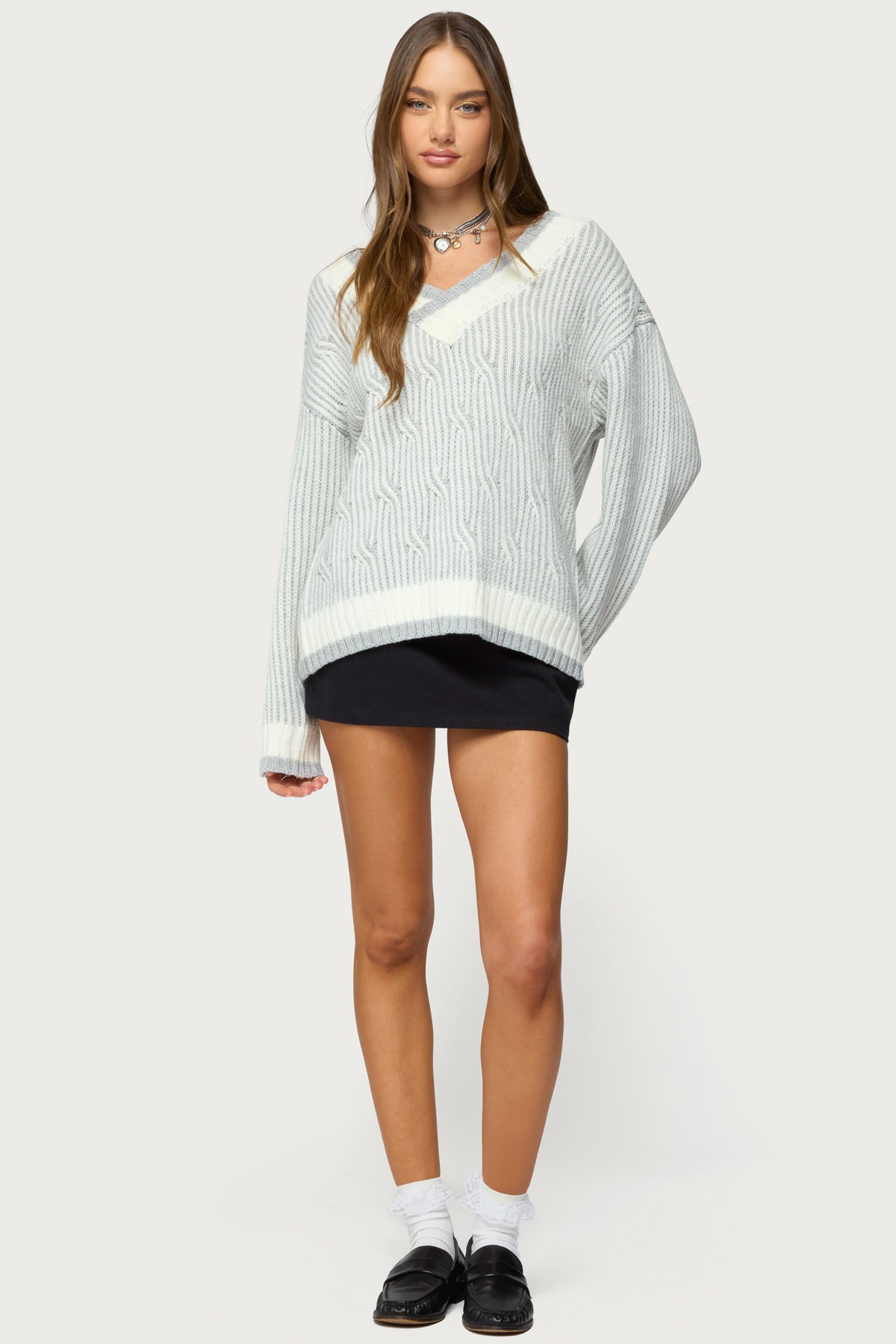 Lila V Neck Cable Knit Sweater - GRAY-MELANGE