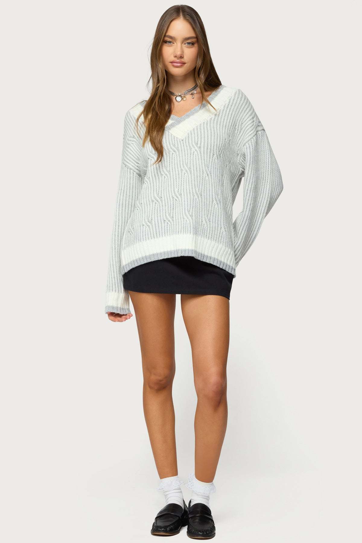 Lila V Neck Cable Knit Sweater - GRAY-MELANGE