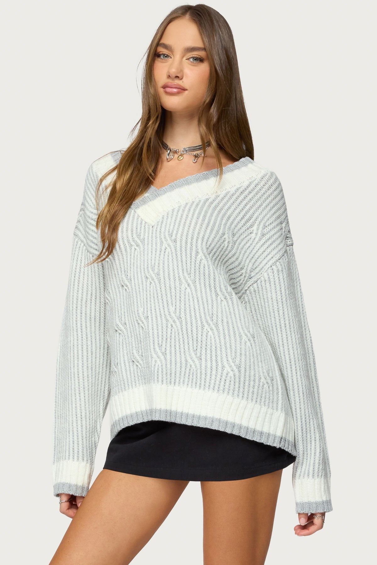 Lila V Neck Cable Knit Sweater - GRAY-MELANGE