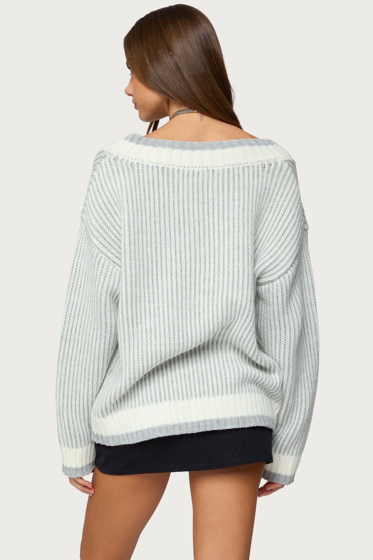 Lila V Neck Cable Knit Sweater - GRAY-MELANGE