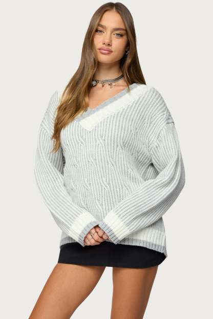 Lila V Neck Cable Knit Sweater - GRAY-MELANGE