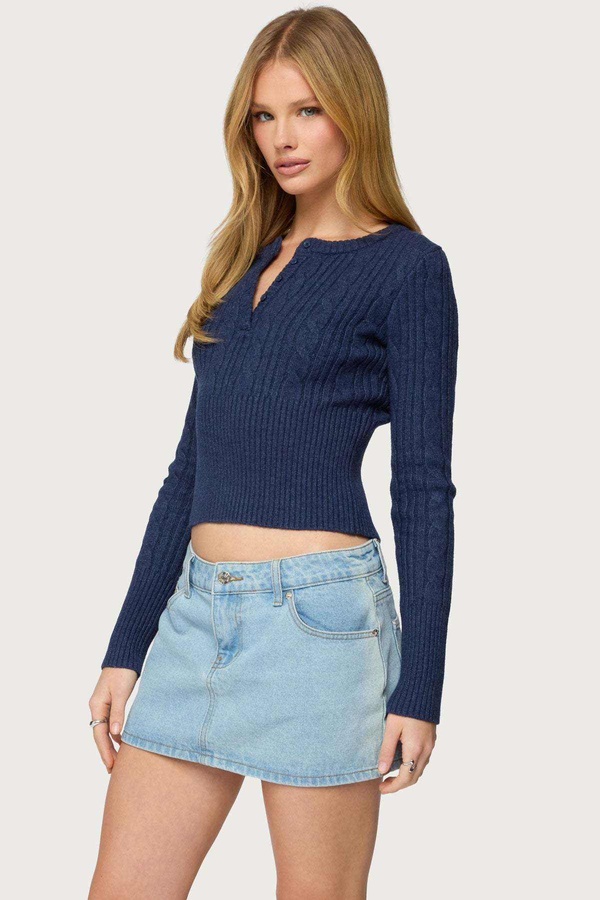 Hadliee Cable Knit Henley Top - NAVY