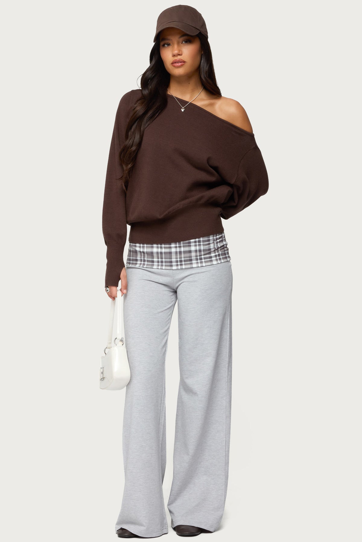 Kimmy Plaid Foldover Waist Pants - GRAY