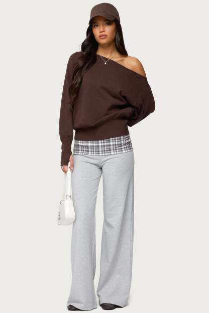 Kimmy Plaid Foldover Waist Pants - GRAY