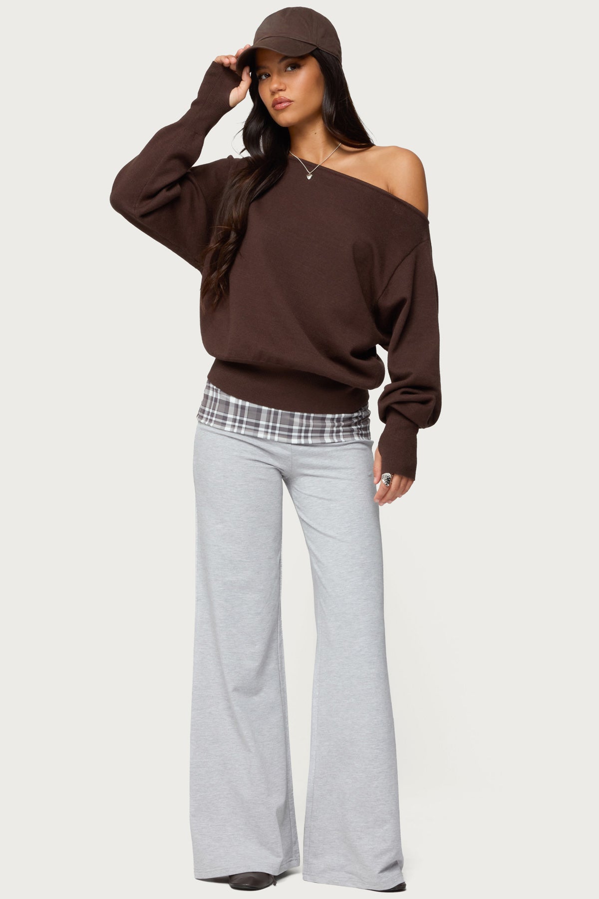 Kimmy Plaid Foldover Waist Pants - GRAY