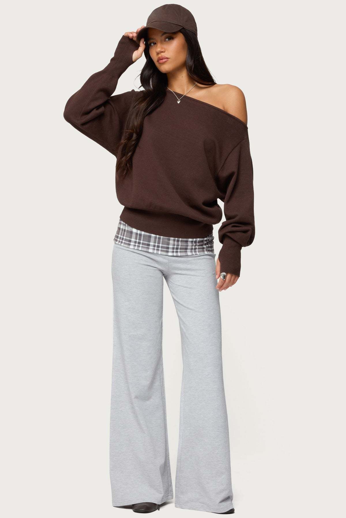Kimmy Plaid Foldover Waist Pants - GRAY
