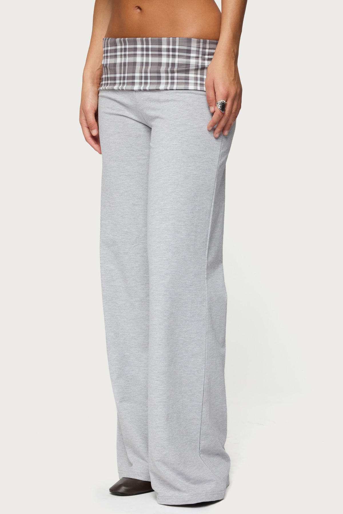 Kimmy Plaid Foldover Waist Pants - GRAY