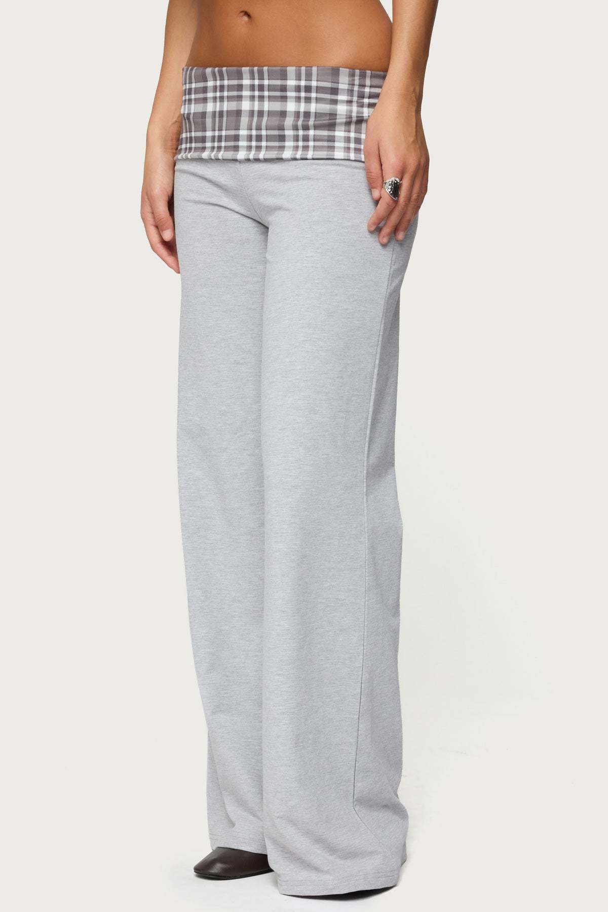 Kimmy Plaid Foldover Waist Pants - GRAY