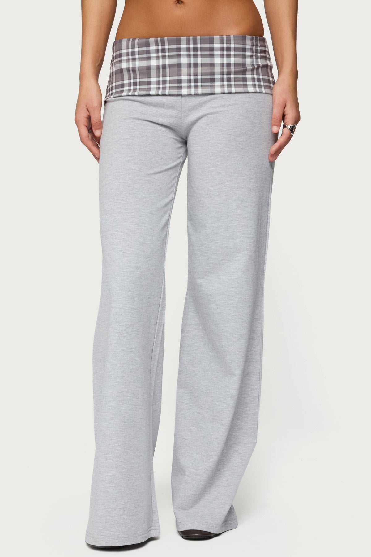 Kimmy Plaid Foldover Waist Pants - GRAY