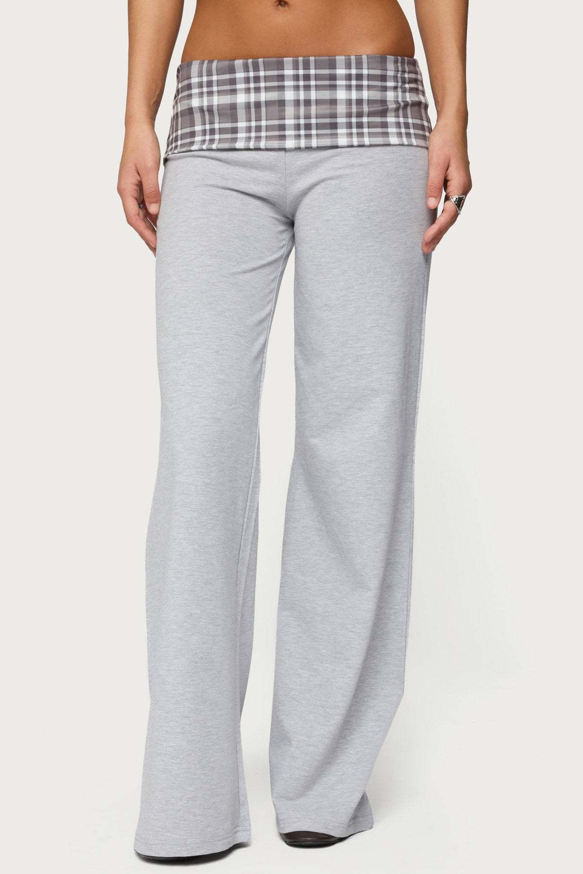 Kimmy Plaid Foldover Waist Pants - GRAY