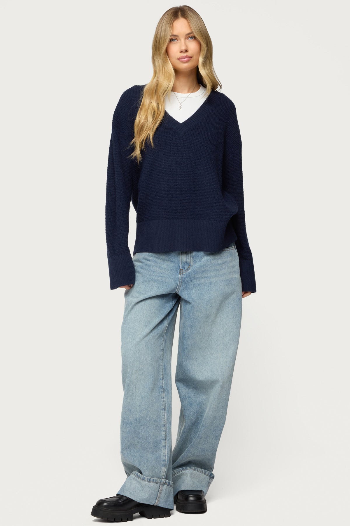 Bluebell Oversized Waffle Knit Sweater - NAVY