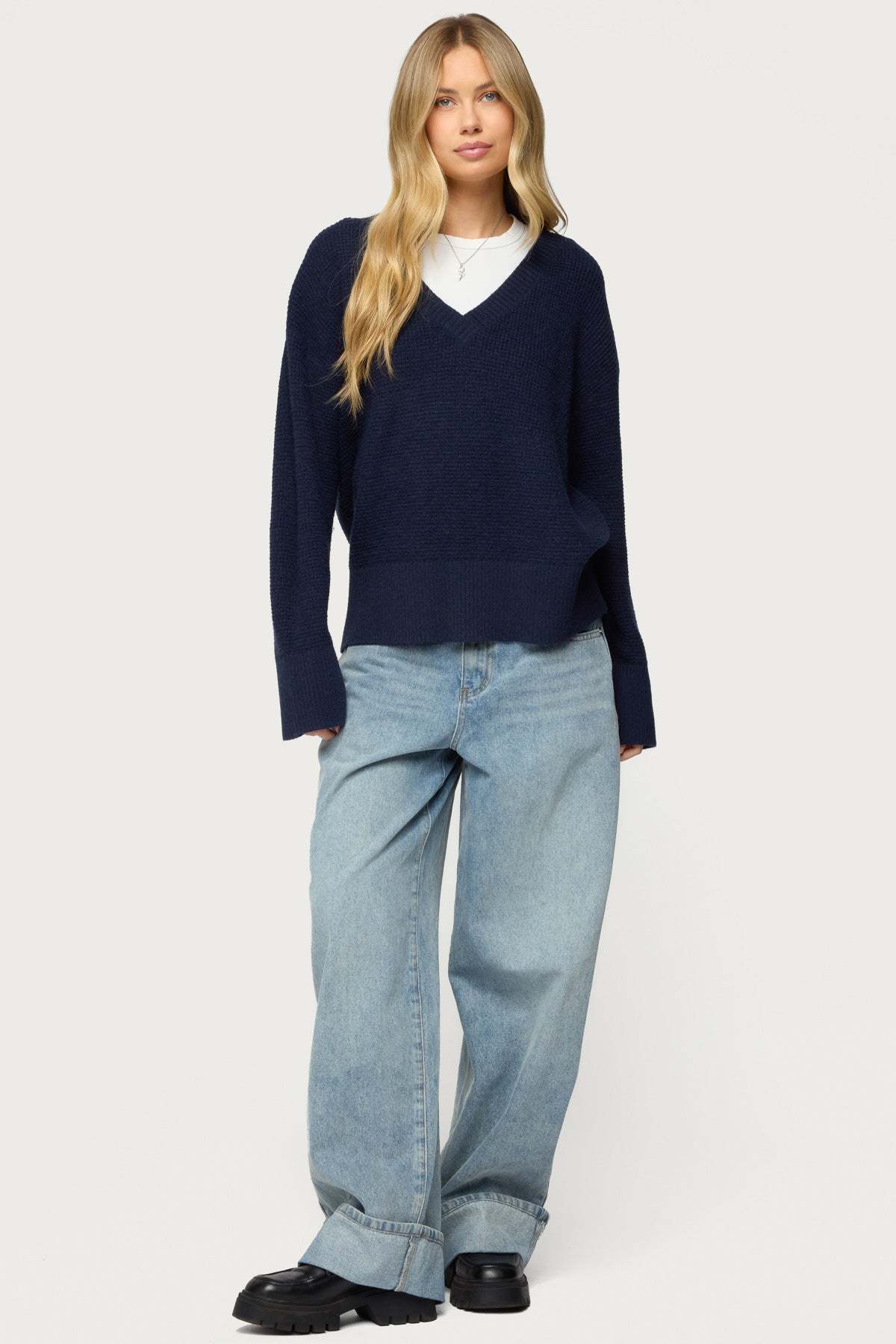Bluebell Oversized Waffle Knit Sweater - NAVY