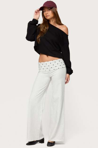 Reeva Polka Dot Foldover Pants - LIGHT-GRAY-MELANGE
