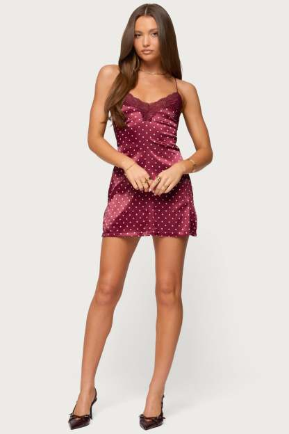 Lacey Backless Polka Dot Mini Dress - BURGUNDY