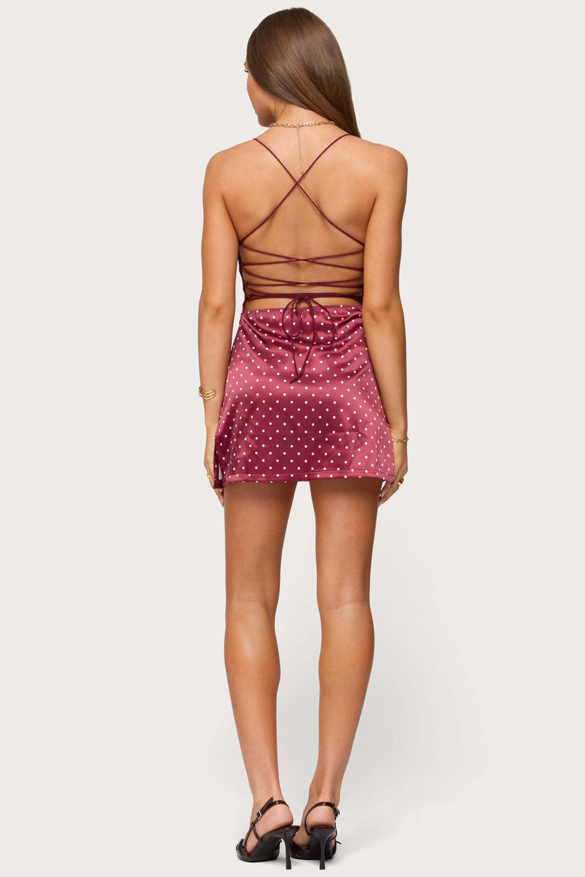 Lacey Backless Polka Dot Mini Dress - BURGUNDY