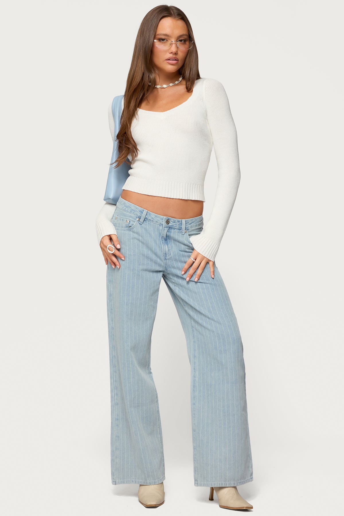 Maliah Ribbed Knit V Neck Top - WHITE