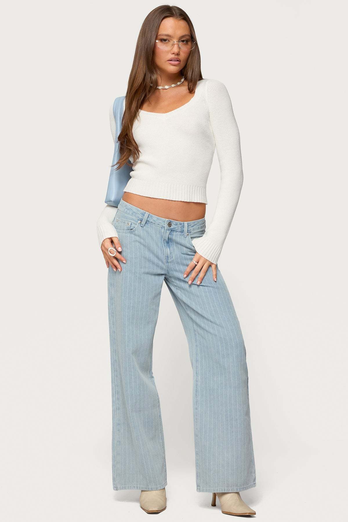 Maliah Ribbed Knit V Neck Top - WHITE