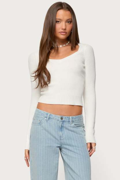 Maliah Ribbed Knit V Neck Top - WHITE