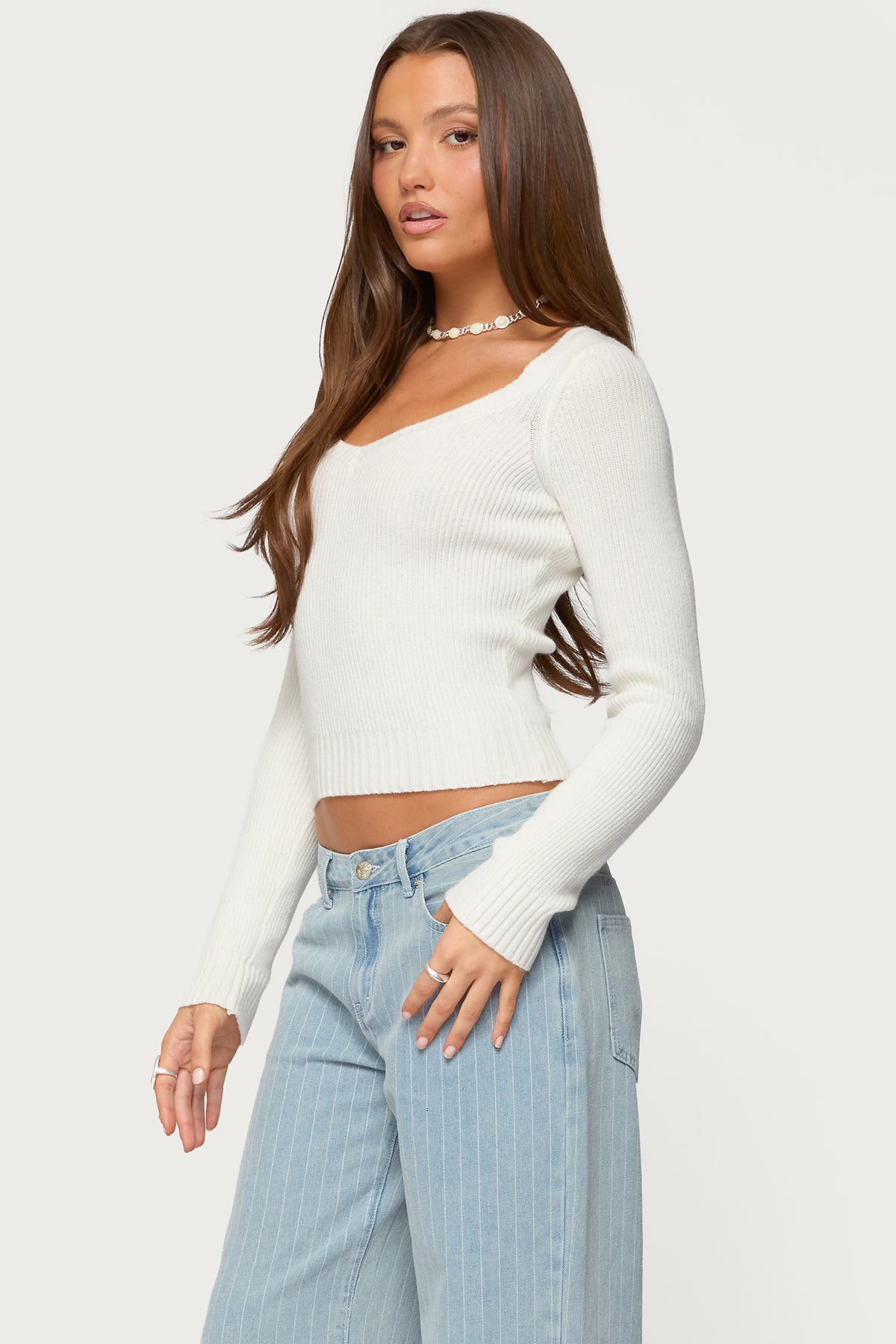 Maliah Ribbed Knit V Neck Top - WHITE