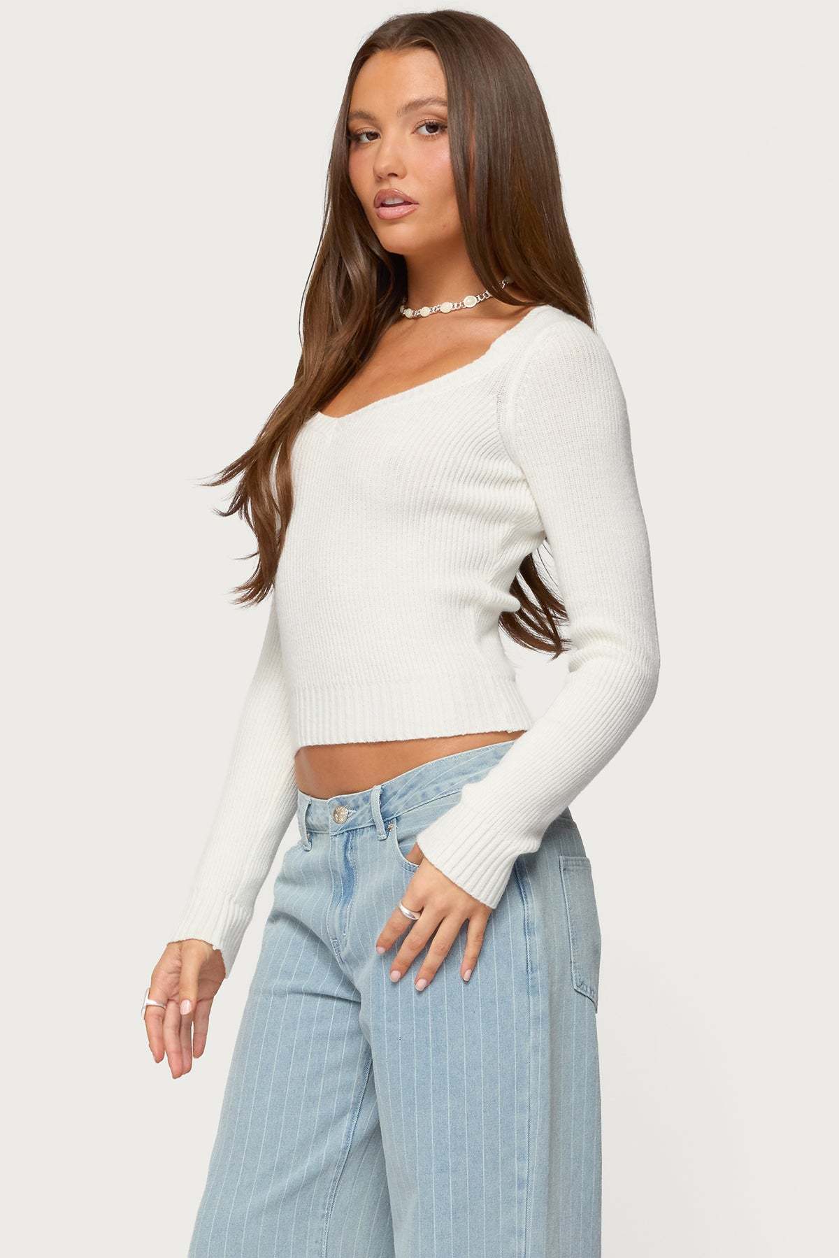 Maliah Ribbed Knit V Neck Top - WHITE